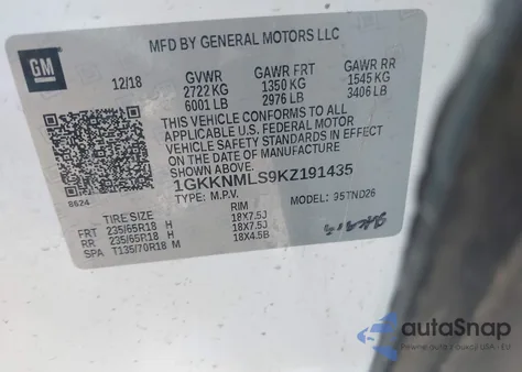 2019 GMC Acadia Slt-1 from USA, damaged, VIN 1GKKNMLS9KZ191435